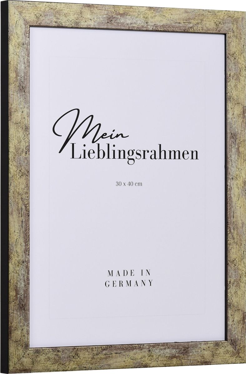 Seitenansicht eines stabilen Hochglanz Bilderrahmens in Gold  mit schwarzer Au
